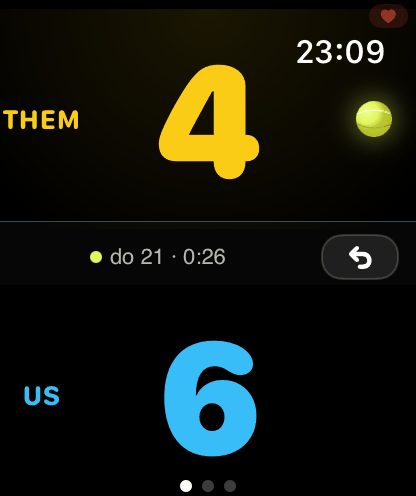 Apple Watch live scoring — 14:12, tętno 142 bpm